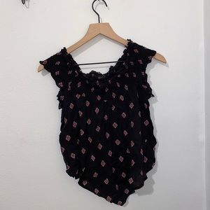 black and red patterned off the shoulder top